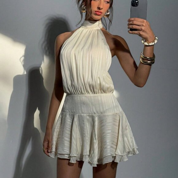 Willow Sexy Women's Sleeveless Satin Striped Textured Halter Mini Dress - Picture 7 of 8